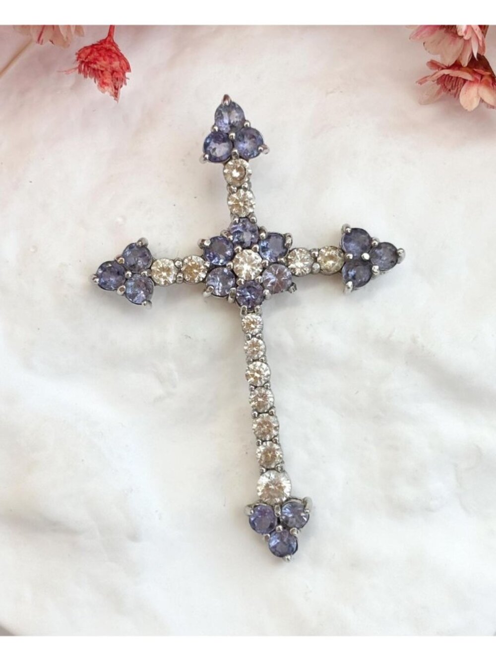 Cross Shaped Tanzanite & CZ Cluster Gemstone Sterling Silver Vintage 925 Pendant